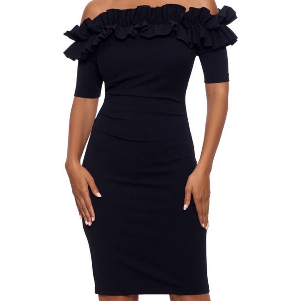 Xscape ruffled off the shoulder midi dress